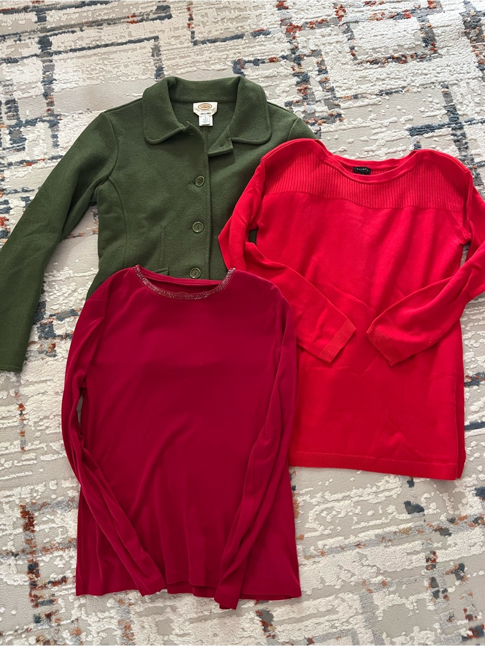 Bundle of 3 small Talbots tops: Olive Green jacket, Red sweater, red long sleeve